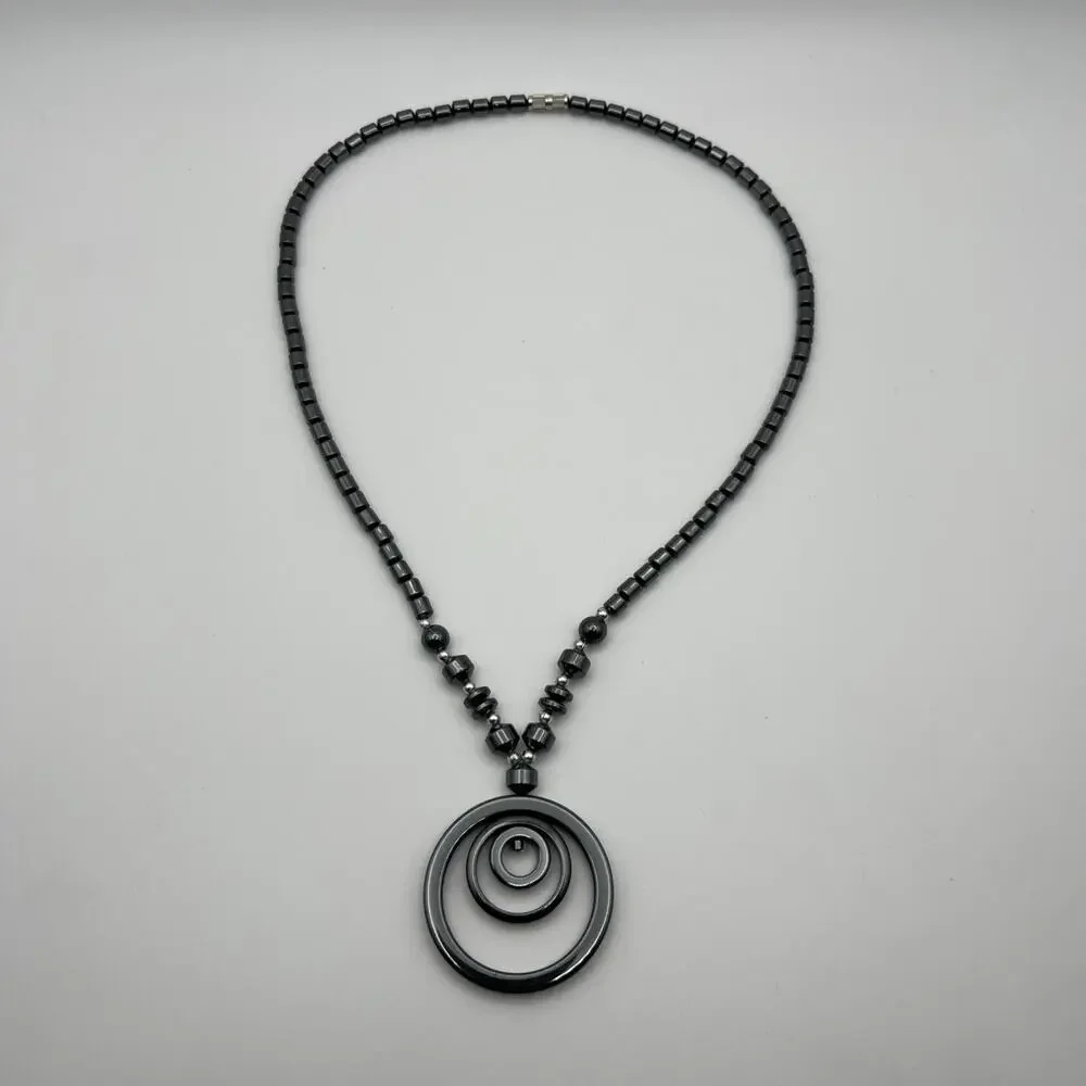 Beaded Tri Circle Pendant Necklace in Metallic Black Gray 17.5